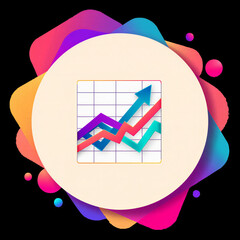 Colorful financial growth charts with upward arrows and grid lines presented in a stylized circle with abstract colorful background elements transparent background