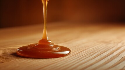 Golden Honey Dripping Slowly on Wooden Surface Captured in Warm Lighting Creating a Cozy and Inviting Atmosphere for Food Photography
