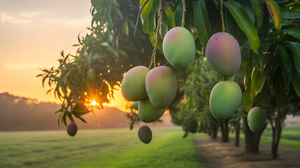 Mangoes on the Tree image, bathed in warm sunlight with leafy foliage.