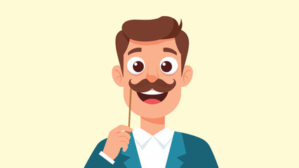 Cheerful man with a mustache holds a funny prop on a stick to celebrate a festive party or comedic event with friends.