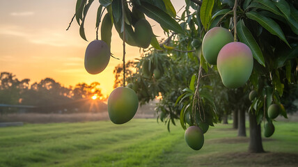 Mangoes on the Tree image, bathed in warm sunlight with leafy foliage.