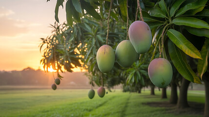 Mangoes on the Tree image, bathed in warm sunlight with leafy foliage. A scenic outdoor view.