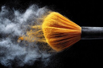 Brush sweeps loose powder creating a cloud on black background