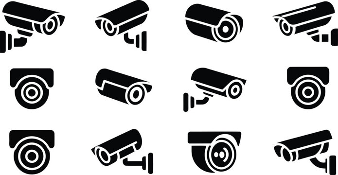 Twelve solid black security camera icons illustrating various surveillance and monitoring systems