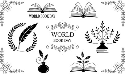 World book day celebration symbols and icons with books and quill