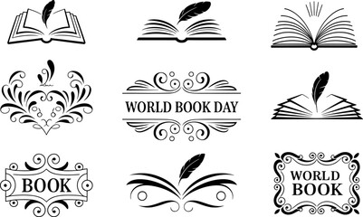 World book day symbols and bookmarks with feathers