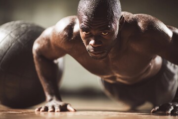 Athlete performs push-up on medicine ball in gym during workout session