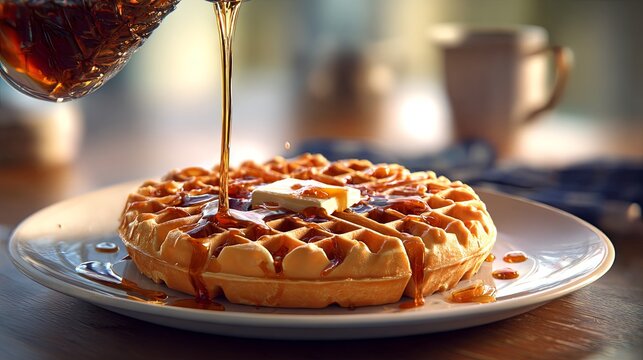 A tasty waffle breakfast topped with a generous drizzle of maple syrup, creating a warm, sweet, and inviting start to the day
