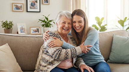 Cheerful Elderly Woman Embraced by a Loving Family Member at Home