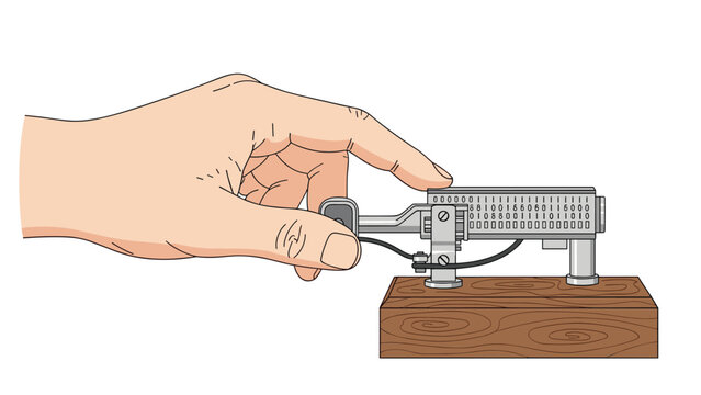 Close up of a human hand using a vintage metal telegraph machine to send signals or morse code messages over a wooden base.