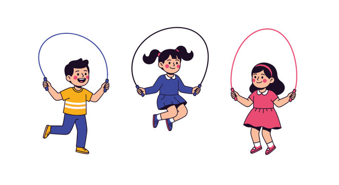 Three happy children jumping with colorful jump ropes in a playful scene against a clean white background with vibrant tones.