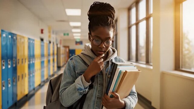 A Gen Z female student is walking down a hallway in a modern high school, carrying a backpack and books, her face serious and determined.