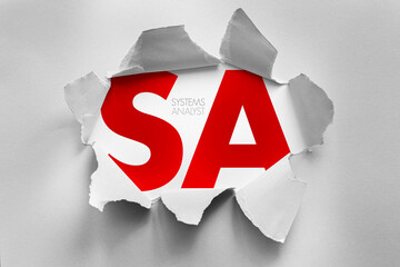 SA stands for Systems Analyst, shown emerging from torn paper. A systems analyst investigates and analyzes business problems, designing information systems solutions to improve processes