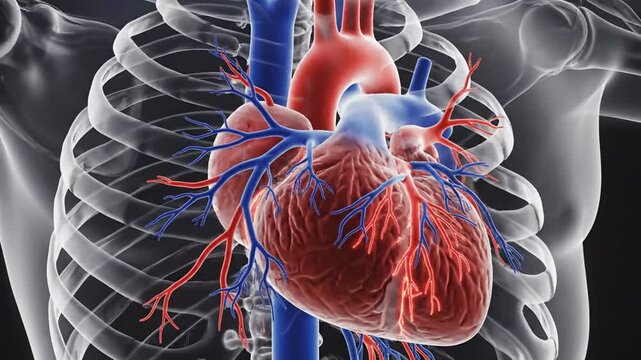 Detailed illustration of human heart and surrounding skeletal structure