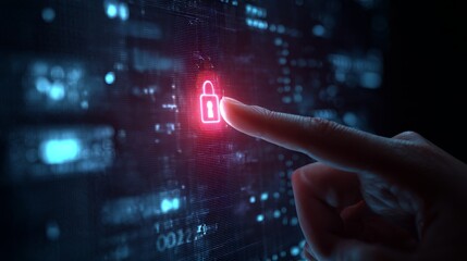 Hand is pointing to a red lock on a computer screen. The lock is surrounded by a blue background, and the image conveys a sense of security and protection