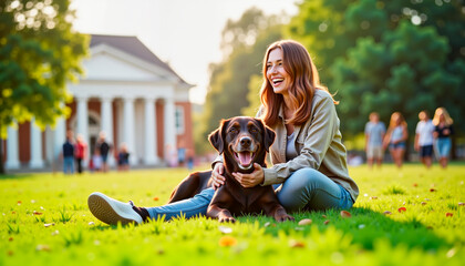 Joyful student laughing while petting Labrador on college quad