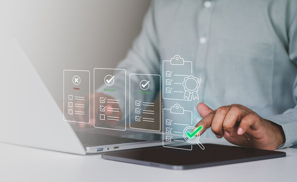 Digital approval checklist with quality control verification process, business compliance review, document validation and audit workflow concept using laptop and tablet interface, Digital interface