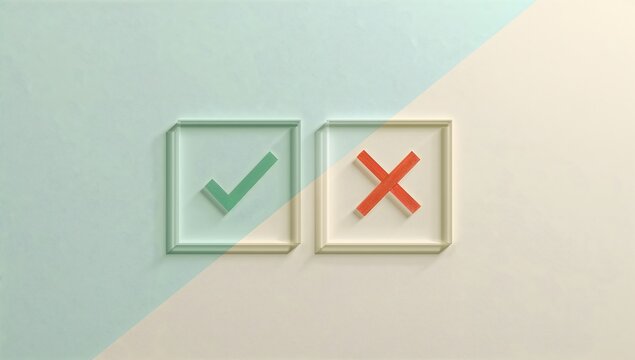 Square glass icons with 3d green check mark and red cross symbols