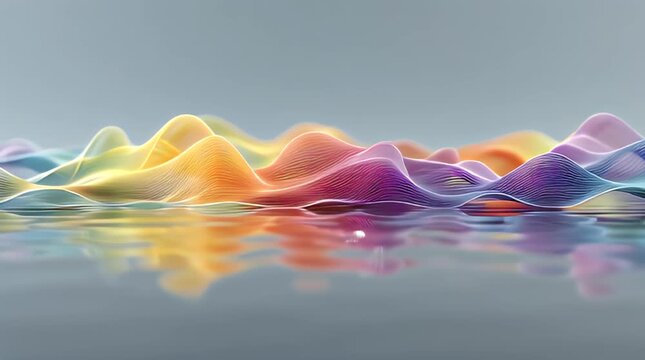 Abstract colorful layered waves reflect on water with a serene gray background