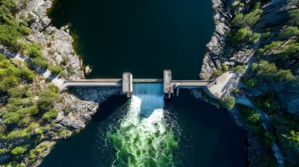 An aerial perspective of a hydroelectric dam on a river, showing water flowing from the reservoir, highlighting the scale, engineering, and power generation of the facility
