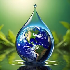 Fototapeta premium earth in water drop on a green natural background