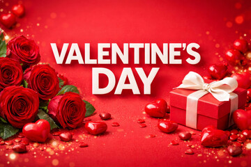 Valentine's Day greeting card with roses, gift box and hearts on red background with bokeh lights.