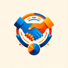 Two stylized hands shaking hands inside a circular frame with a pie chart below representing successful business partnership and agreement transparent background