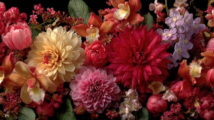Colorful display of various flowers in a lush arrangement on a dark backdrop showcasing natural beauty in a creative setting