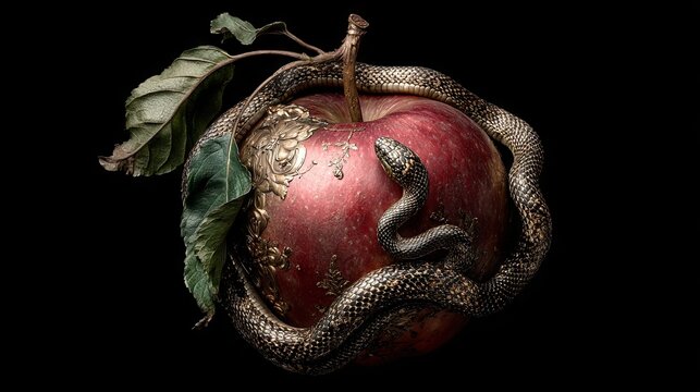 The concept of temptation in the form of an apple and a snake in paradise
