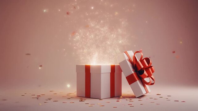 A white gift box with a red ribbon opens revealing magical light and falling confetti.