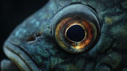 Close-up of an Astronotus aquarium fish eye, highlighting its vivid color and striking detail