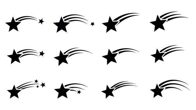 Collection of black star icons with motion trails on a white background in a graphic design element.