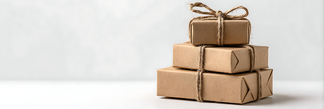 A stack of three eco-friendly gift boxes wrapped in brown kraft paper and jute twine, arranged on a clean white surface with ample copyspace and soft lighting.