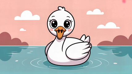 Obraz premium Adorable Cartoon Baby Duck Swimming Happily in a Pond with Pink Sky and Fluffy Clouds, a Sweet Illustration for Children's Books and Nursery Decor