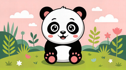 Obraz premium Adorable Cartoon Baby Panda Sitting Happily in a Lush Green Landscape with Pink Sky and Colorful Flowers, Perfect for Children's Nature Themes