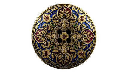 Naklejka premium Exquisite decorative oval plate featuring intricate floral patterns and gemstones in gold blue and red hues symbolizing elegance and luxury.