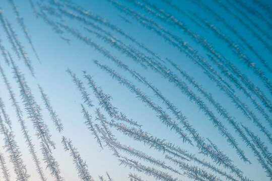 Delicate ice crystals of hoarfrost form elegant linear patterns on the smooth surface of transparent glass. Gentle frosty structures against a light blue sky highlight the fragile beauty of winter, cr