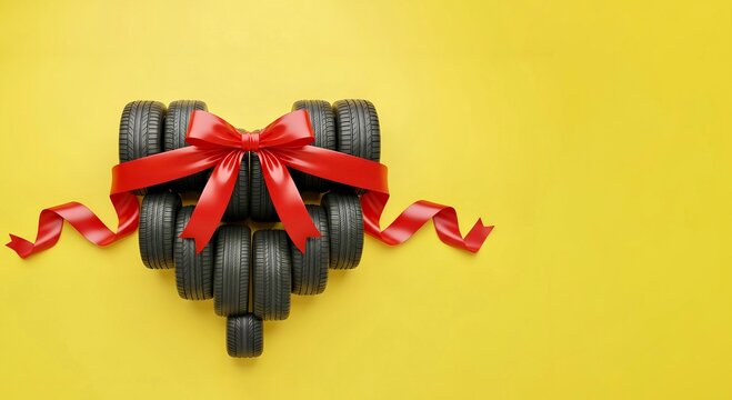 Car Tires Shaped as Heart with Red Bow on Yellow Background for Valentines Day