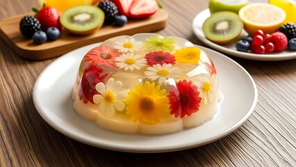 Vibrant edible flower jelly dessert featuring colorful blooms, presented on a white plate with various fresh fruits in the soft focus background