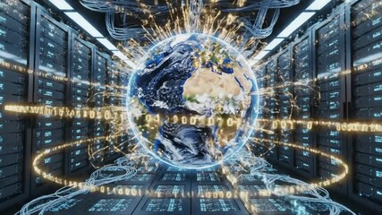 Global data network and digital connectivity visualized in a server room, with a glowing Earth at the center of a vast information flow. - Powered by Adobe