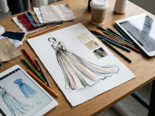 Fashion design sketch on fashion designer desk 
