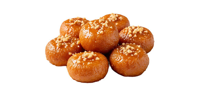 Sweet Ramadan luqaimat dessert piled with nuts, golden brown, isolated on transparent background