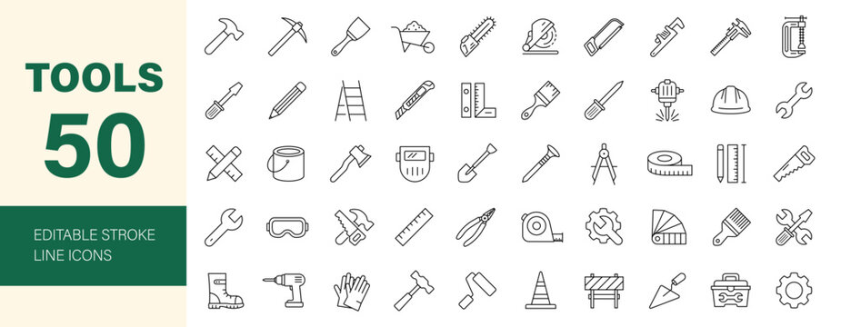 Construction tools icon set. Editable line icons. Vector illustration.