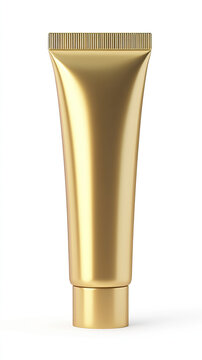 Golden cosmetic tube on white background, luxury skin care packaging mockup product image