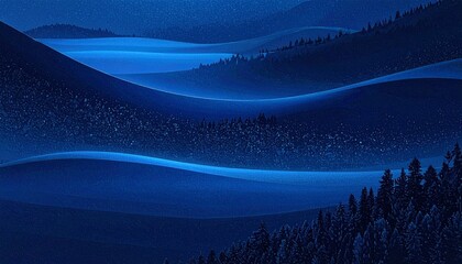 Abstract deep blue landscape with glowing light horizon, soft gradients, dreamy atmosphere, modern cinematic background