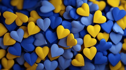 Yellow and blue background with hearts as a symbol of love for Ukraine