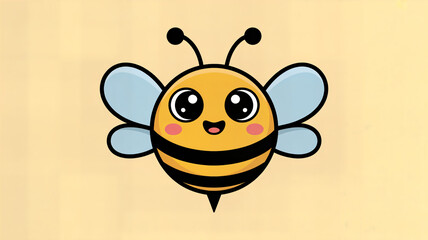 Obraz premium Happy Cartoon Bee with Big Eyes, Blue Wings, and Black Stripes, Flying on a Soft Yellow Background
