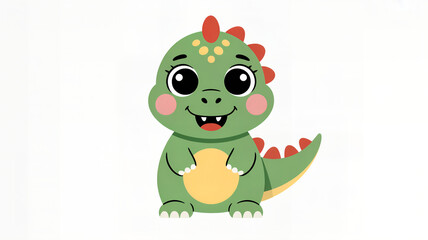 Obraz premium Adorable baby dinosaur illustration, green with yellow spots and red spikes, big eyes and a happy smile.