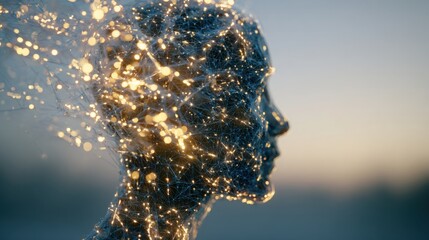 human head silhouette filled with soft glowing network connections and light particles, internet access and digital thinking concept, minimal light