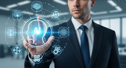 Man interacting with artificial intelligence interface